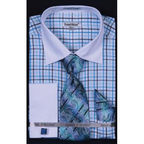 Daniel Ellissa Turquoise Small Checker Shirt / Tie / Hanky Set With Free Cufflinks DS3765P2